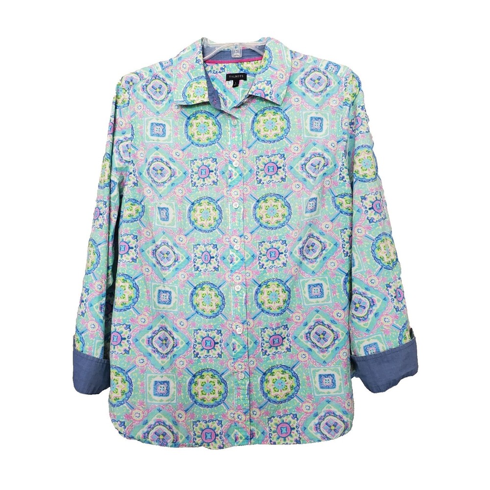 Talbots 100% Cotton Kaleidoscope Contrast Cuff Roll-Tab Sleeve Button-Up Shirt L